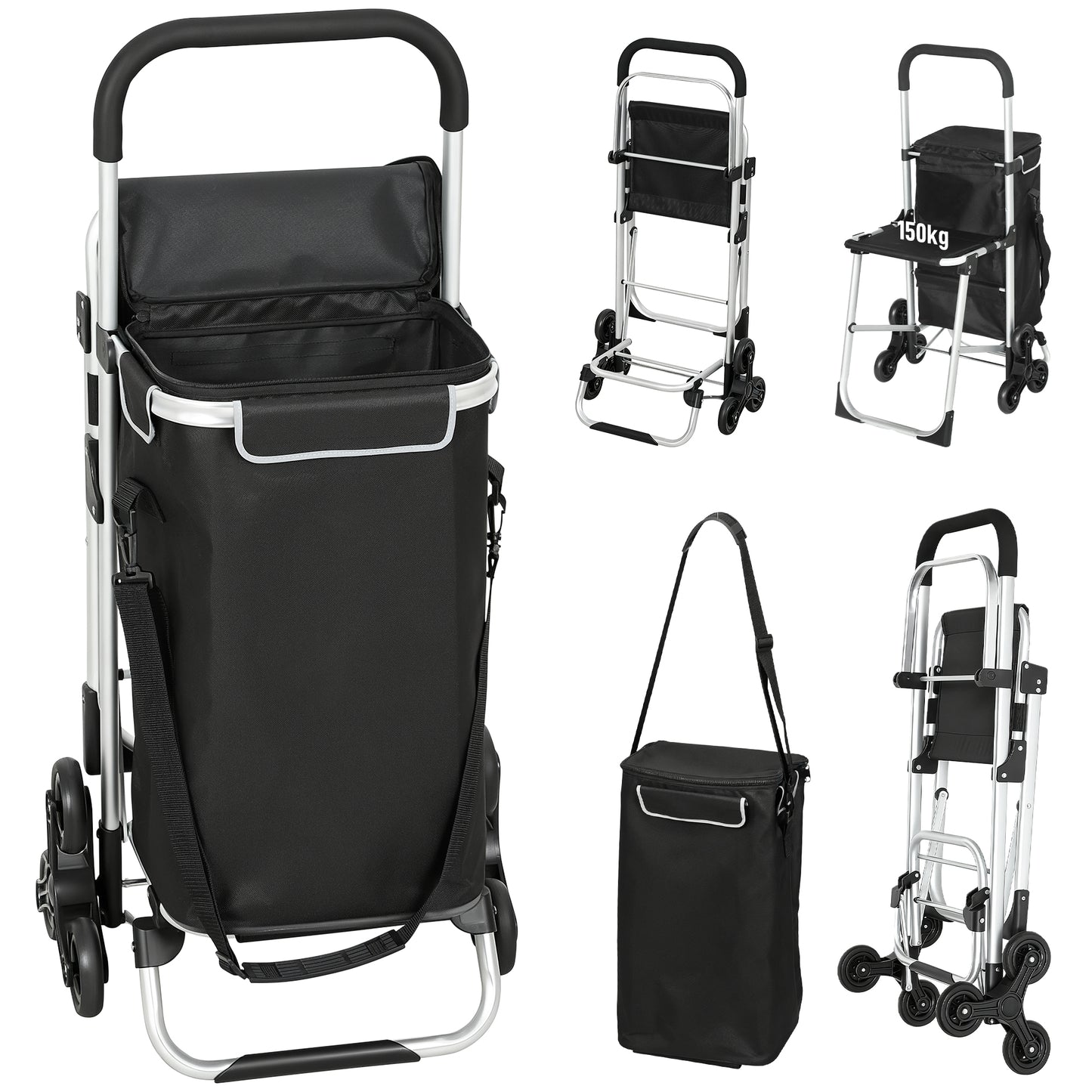 HOMCOM Einkaufstrolley, 40 L Oxford-Tasche, 3-Rad-Design, Aluminiumrahmen, Sitz, Grau