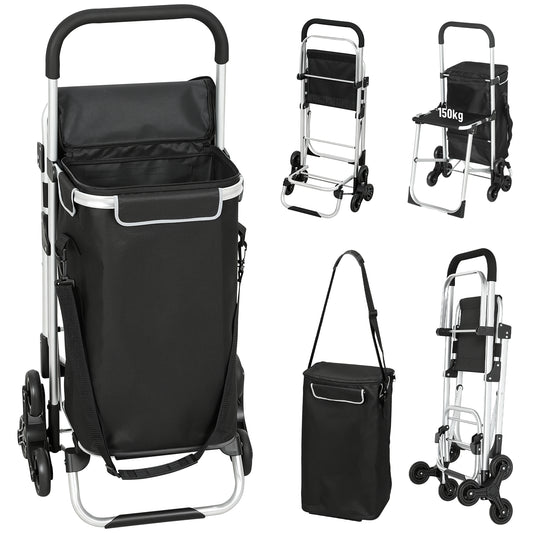 HOMCOM Einkaufstrolley, 40 L Oxford-Tasche, 3-Rad-Design, Aluminiumrahmen, Sitz, Grau