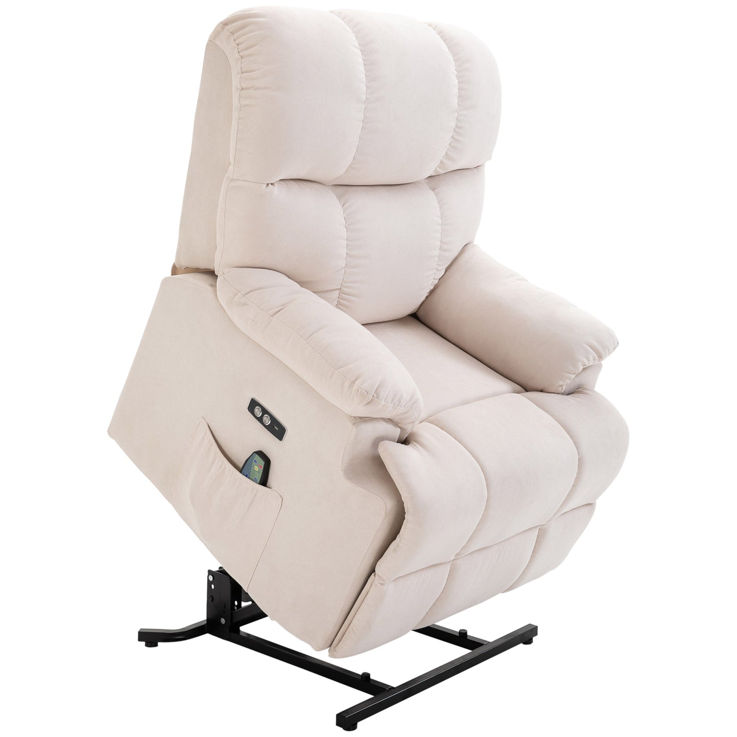HOMCOM Sessel mit Aufstehhilfe, Massagesessel, Relaxsessel mit USB-Anschluss, Fernsehsessel mit Fernbedienung, Seitentasche, Neigebarer TV-Sessel mit Samtoptik, Beige