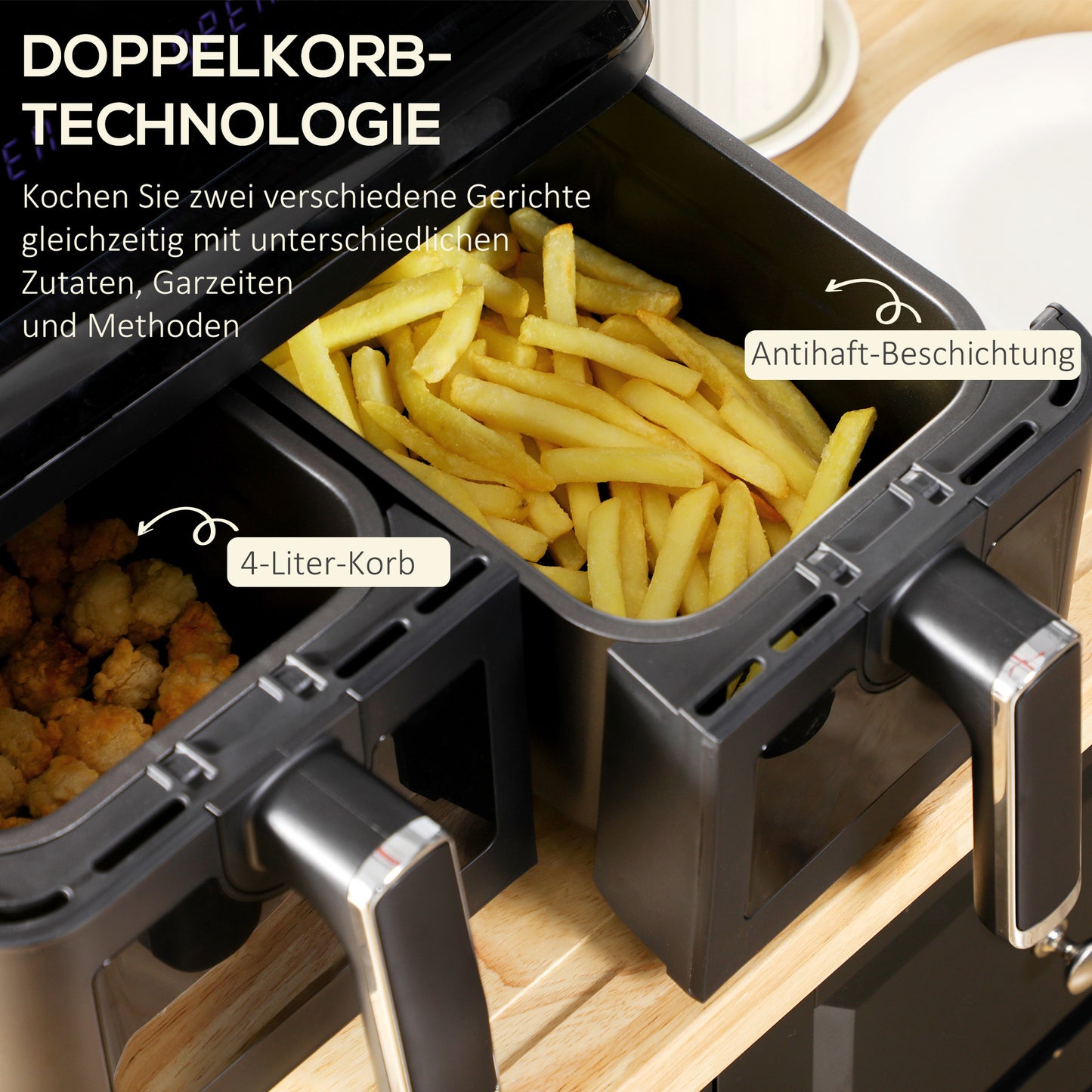 HOMCOM Heißluftfritteuse, 2 Frittierkörbe á 4 Liter, 8 Programme, Licht, Timer, 38,5 x 38 x 30,5 cm, Schwarz