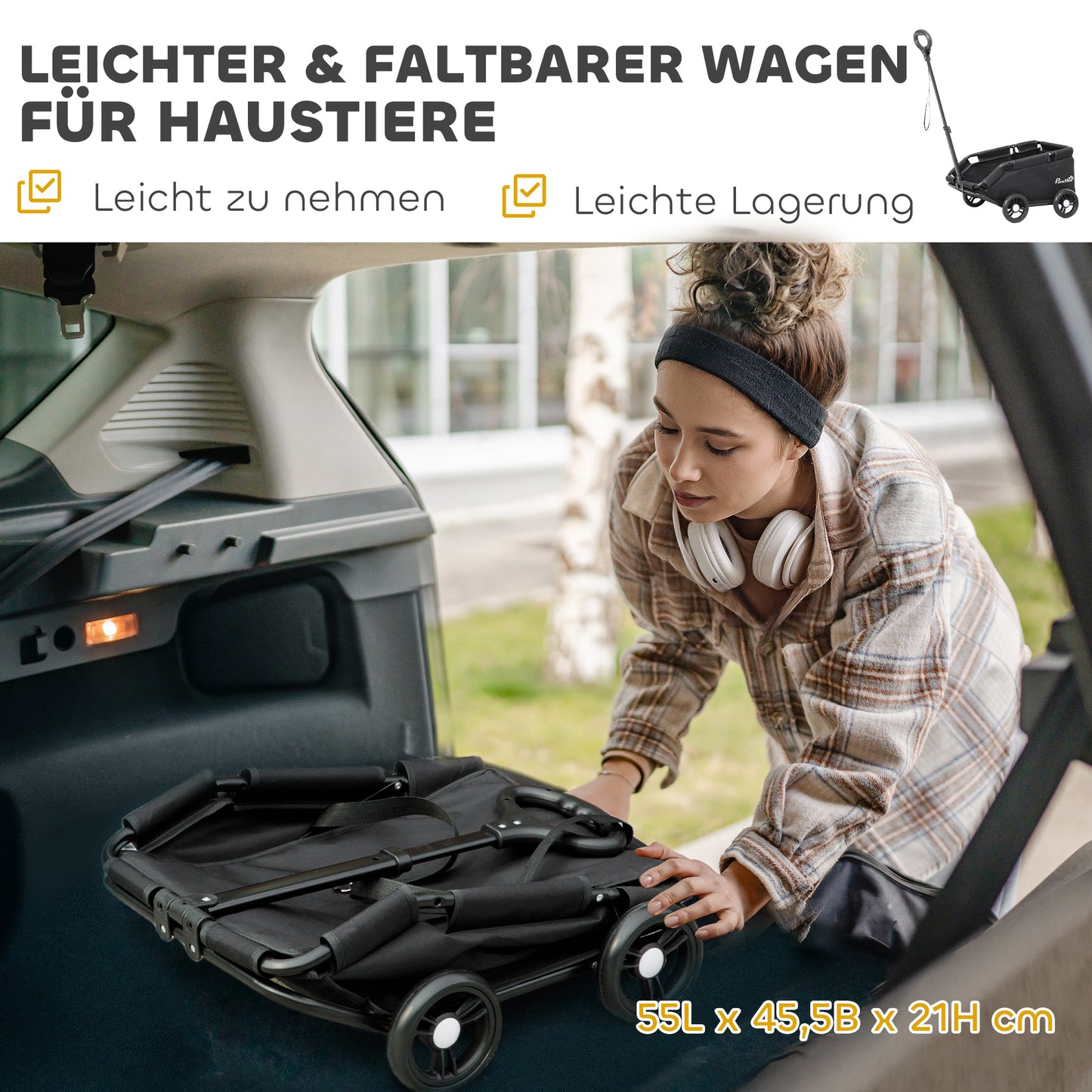 PawHut Hundewagen، مضرب كلاب Hundebuggy لـ Zwergenhunde مضاعف حتى 4 كجم، zusammenklappbarer Katzenbuggy mit Griffstange، Washbarem Kissen، Sicherheitsleinen، Aufbewahrungstasche، 4 Räder، Schwarz