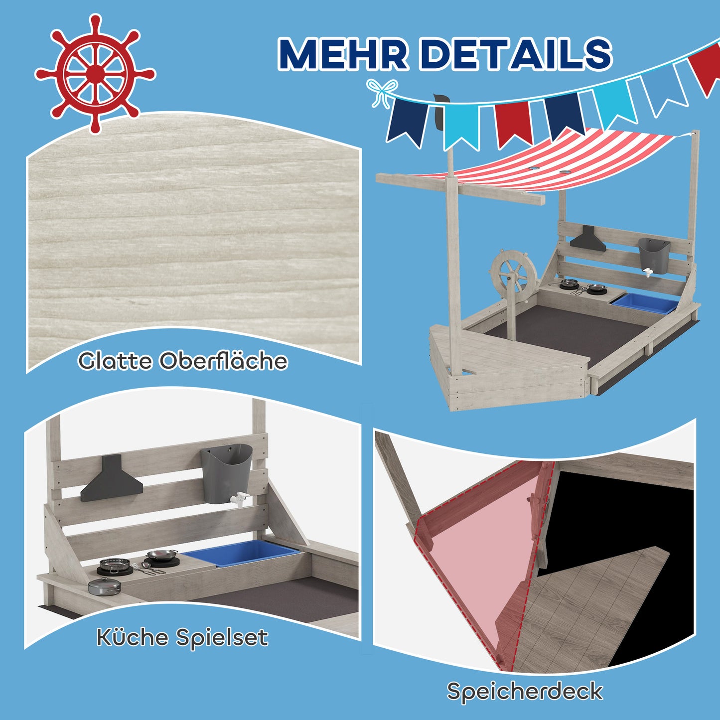 Outsunny Sandkasten mit Sonnendach Piratenschiff, inkl. Kinderküchenspielset, Massivholz, 180 x 103 x 144,5 cm, Grau
