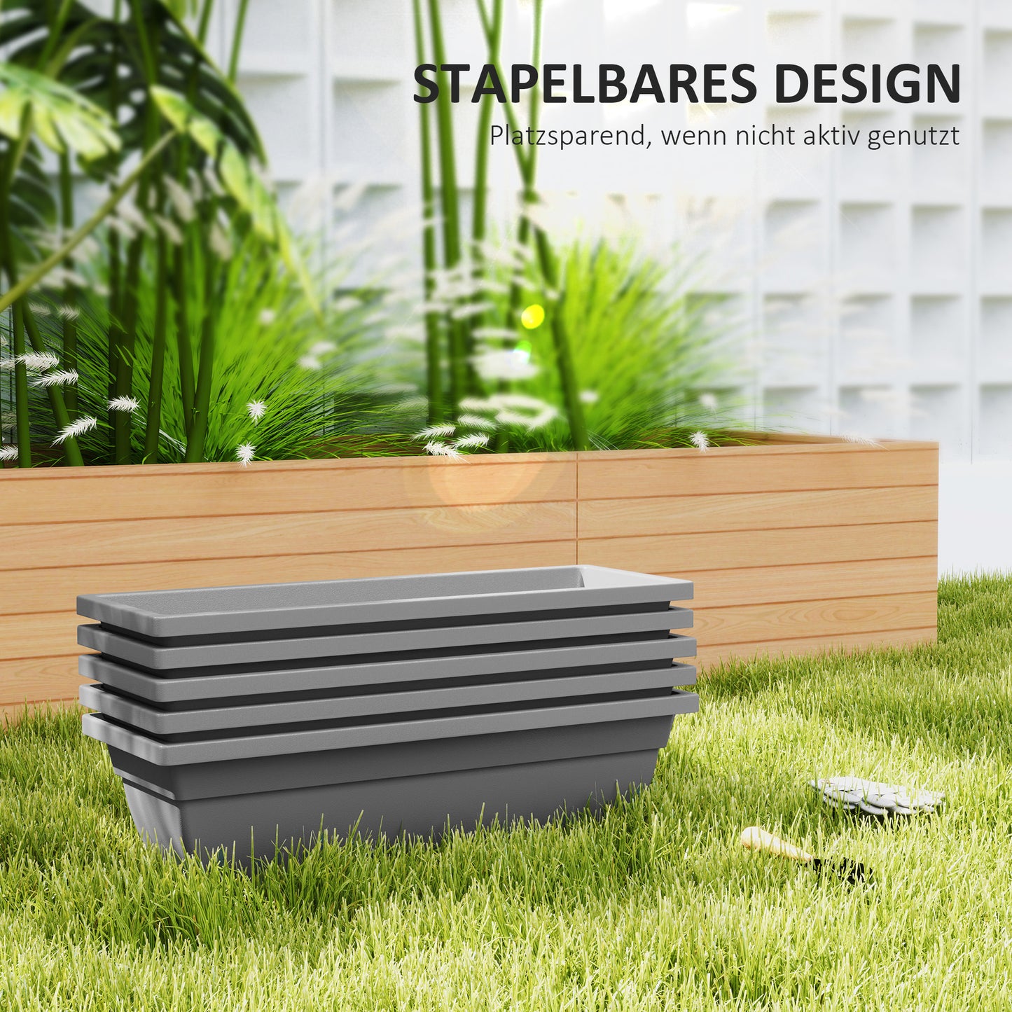 Outsunny 5er-Set Blumentöpfe, Pflanzengefäße aus Kunststoff für Terrasse, Garten, Balkon, 59 x 21 x 16 cm, Grau