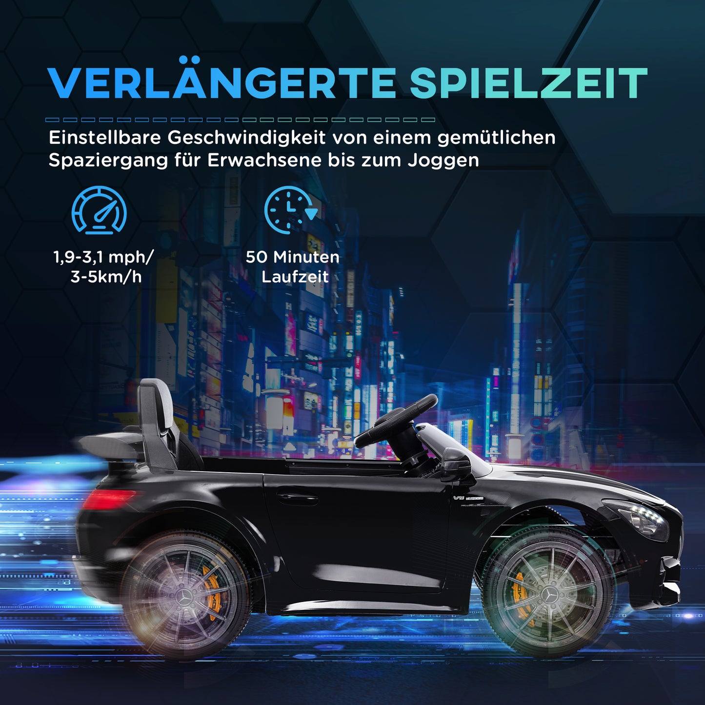 AIYAPLAY Elektro-Kinderauto, Mercedes, 3-5 km/h, Fernbedienung, Licht & Musik, Schwarz