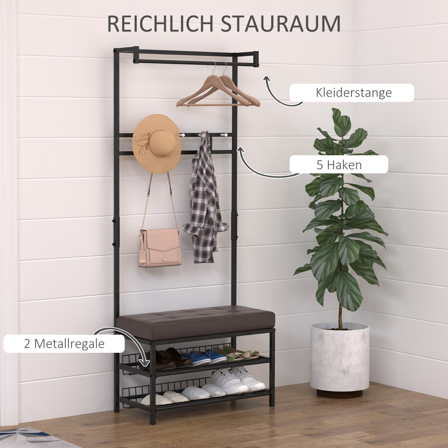 HOMCOM Garderobenständer Kleiderständer mit 5 Haken und Schuhbank mit 2 Ebenen Garderobe aus Metall für Flur, Schlafzimmer, 72,5 x35 x 180cm