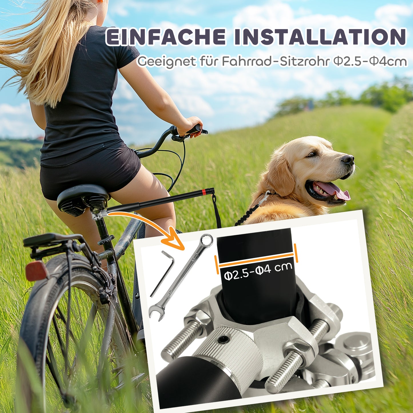 PawHut Hundeleine fürs Fahrrad, elastisches Seil, Stahlrohr, 124 cm, Schwarz