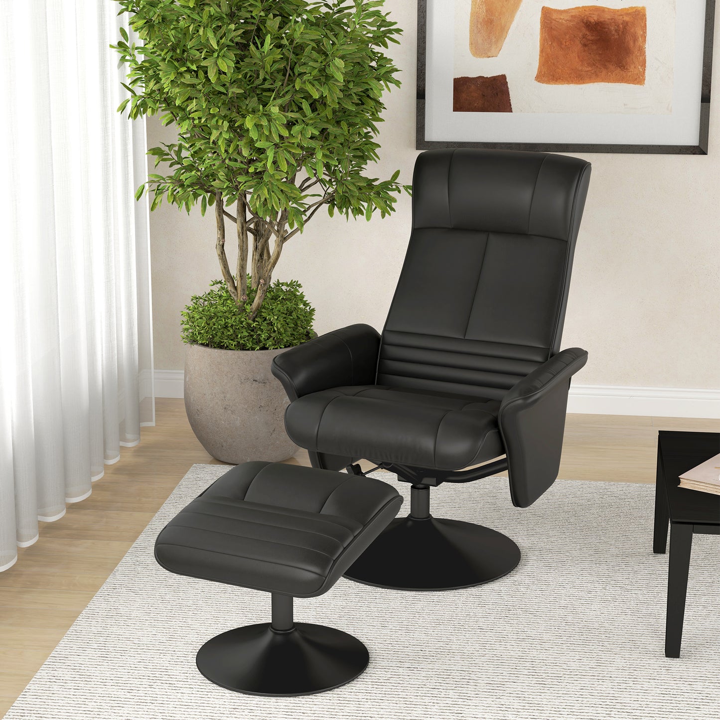 HOMCOM Polstersessel, Akzentsessel mit Hocker, drehbar, ergonomisch, Mikrofasertuchoptik, bis 150 kg, Schwarz