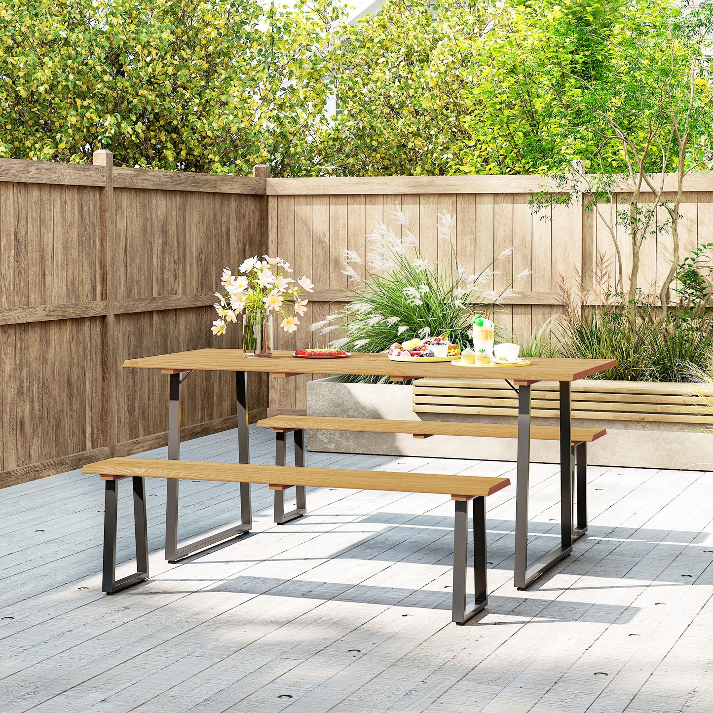 Outsunny Sitzgruppe 3-teilig Holz Essgruppe für 6 Personen Esstisch mit 2 Bänke Schirmloch Holztisch 178 x 76 x 77 cm Naturholz
