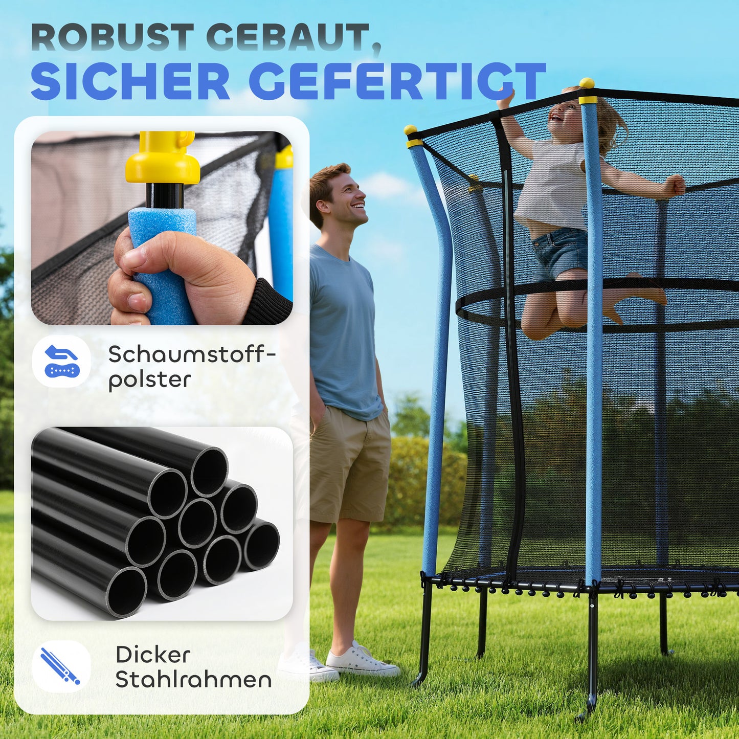 HOMCOM ترامبولين فور كيندر، Ø163,5 سم، مع Sicherheitsnetz، gepolstert، Stahl، belastbar bis 50 كجم، Schwarz &amp; Blau