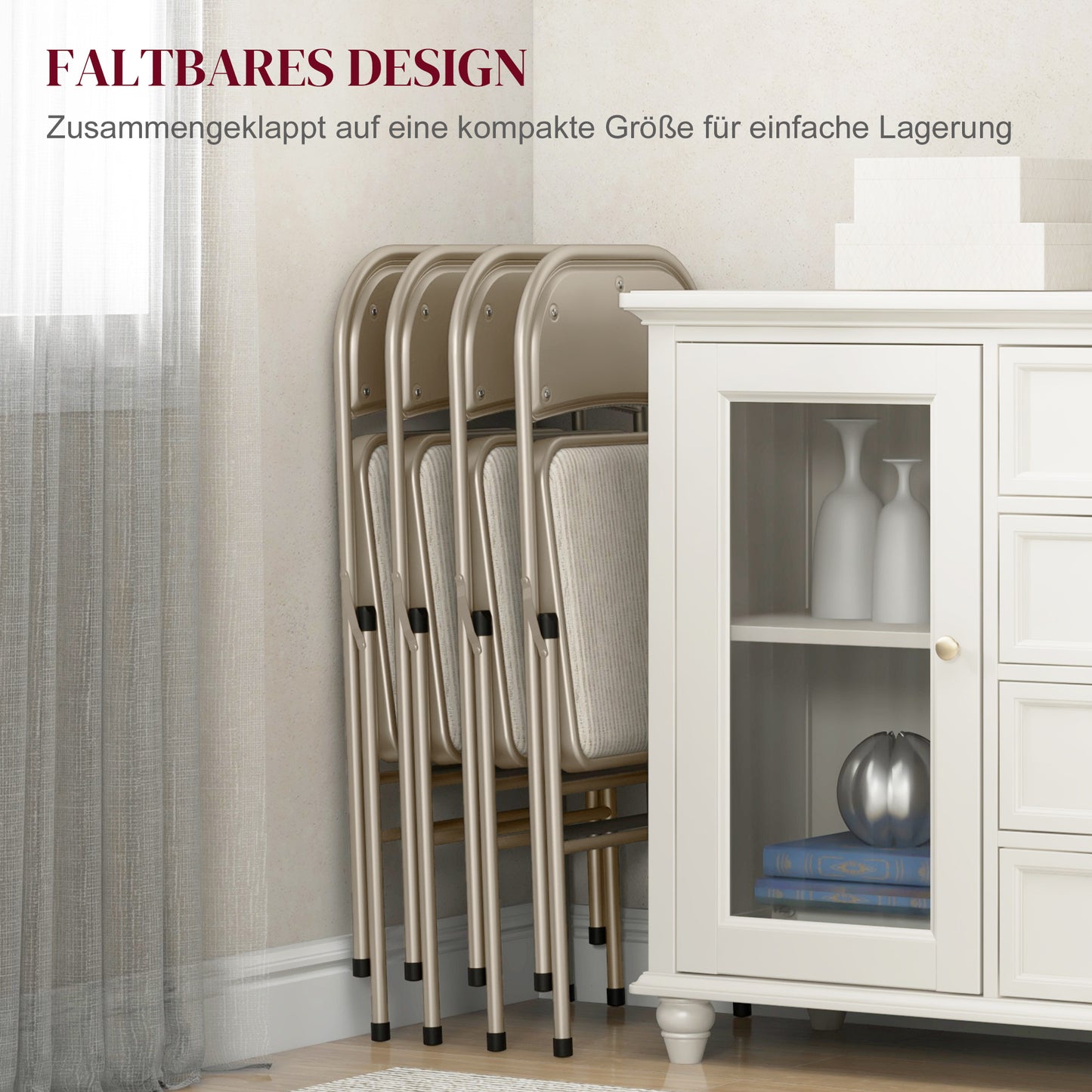 HOMCOM 4er-Set Klappstühle, Tragbare Bürostühle, Stahlbeine, Faltstuhl für Büro, Empfang, Wartezimmer, Leinenoptik Beige