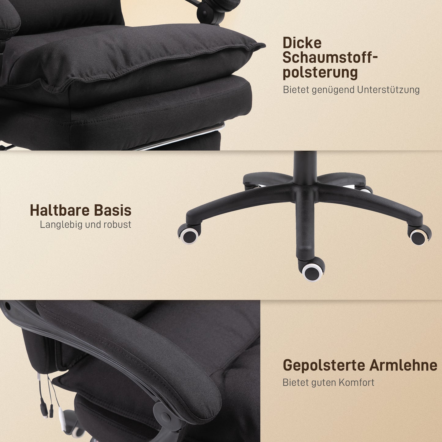 Vinsetto Bürostuhl mit Massagefunktion, Ergonomischer Schreibtischstuhl mit Liege- & Drehfunktion, mit Fußstütze, Schwarz
