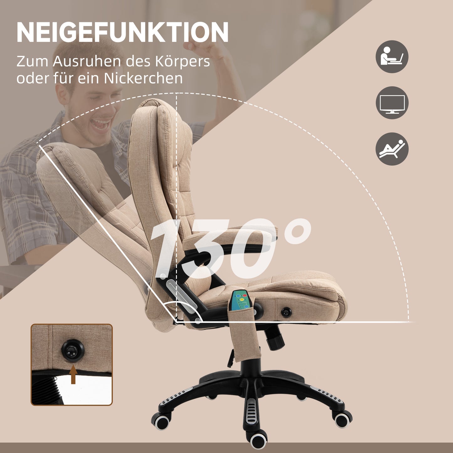 Vinsetto Massagesessel mit Wärmefunktion, Ergonomischer Schreibtischstuhl, höhenverstellbar, 68L x 72B x 110-120 cm, Braun
