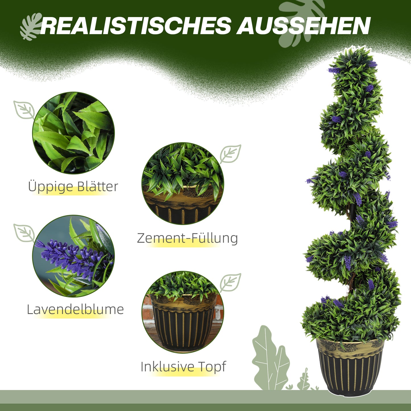 HOMCOM 2-teiliges Kunstpflanzen-Set, Spiral-Design, Zementsockel, Grün
