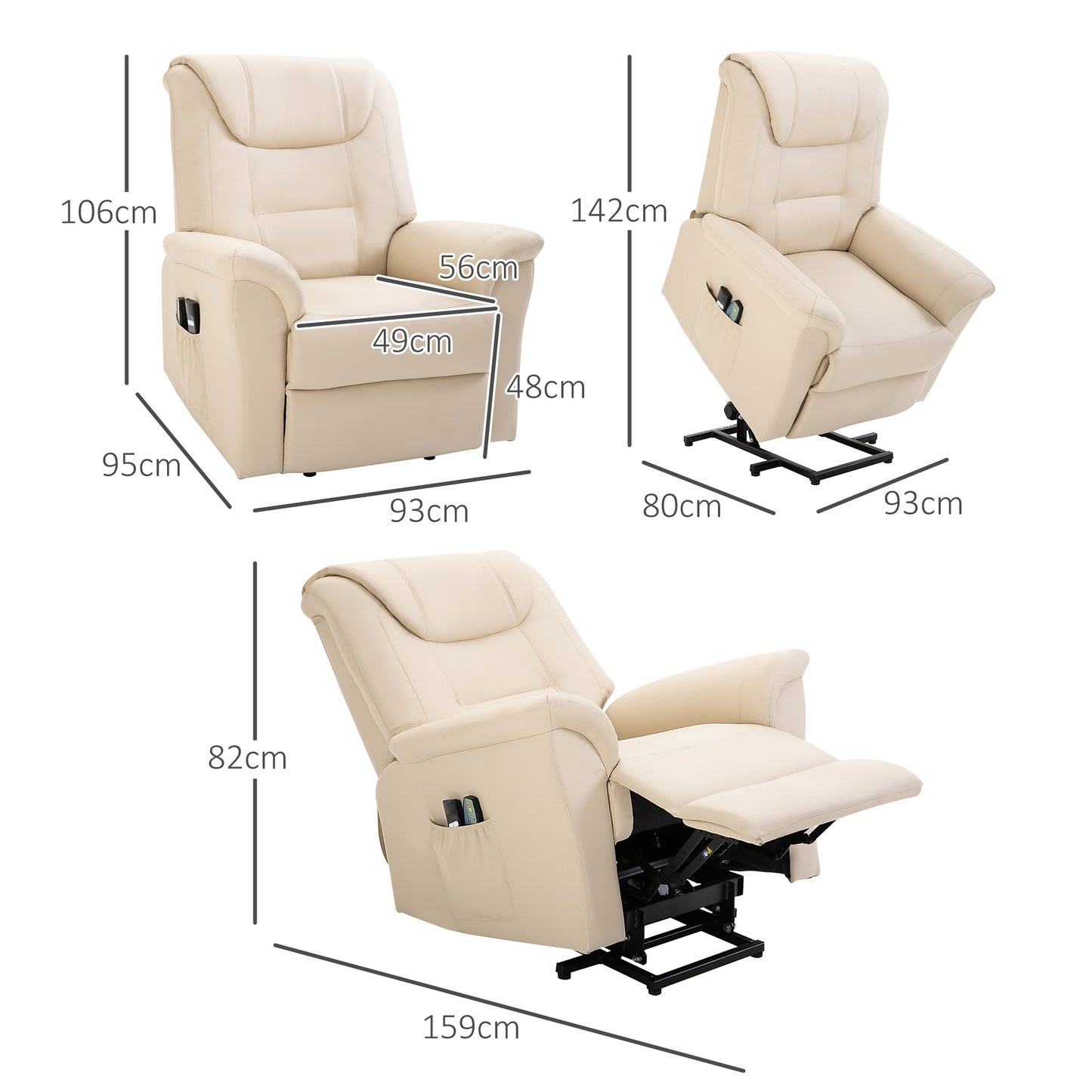 HOMCOM Massagestuhl mit Aufstehhilfe, 8 Vibrationspunkte, Heizfunktion, Fußstütze, Creme