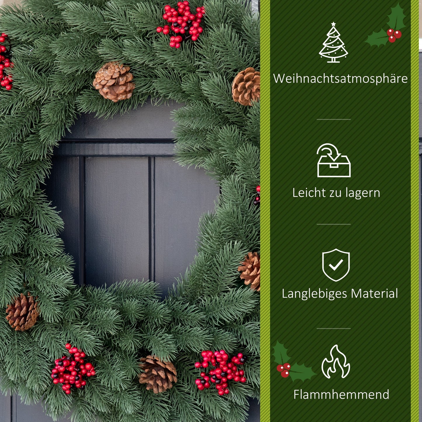HOMCOM Tannenkranz Türkranz Weihnachtskranz Rückseite mit aufhänge Öse PE Grün Ø60 x 8 cm