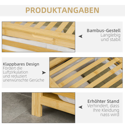 HOMCOM Wäschekorb aus Bambus, herausnehmbarer Wäschesack, wasserbeständig, Natur + Beige