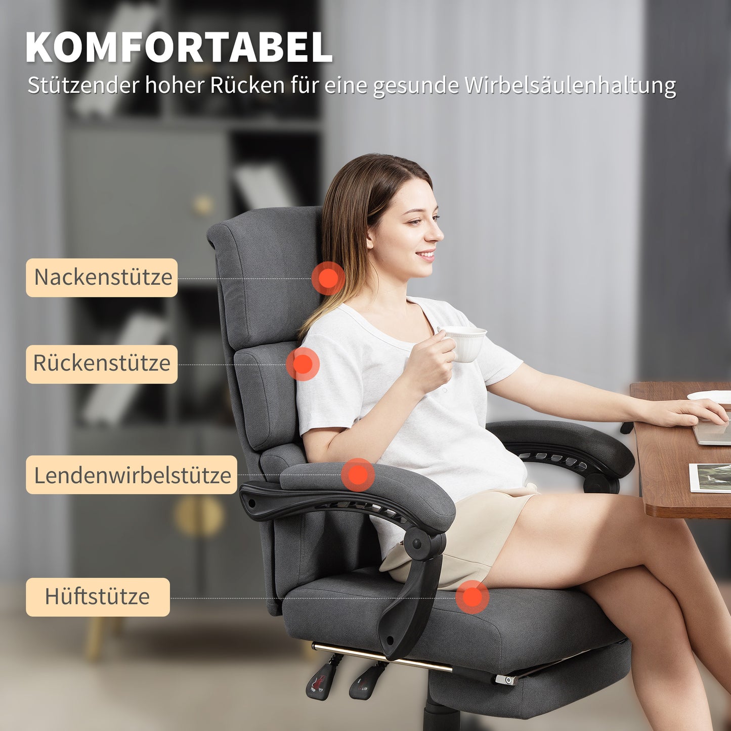 HOMCOM Gepolsterter Bürostuhl mit Samt-Optik, höhenverstellbar, rollbar, Grau