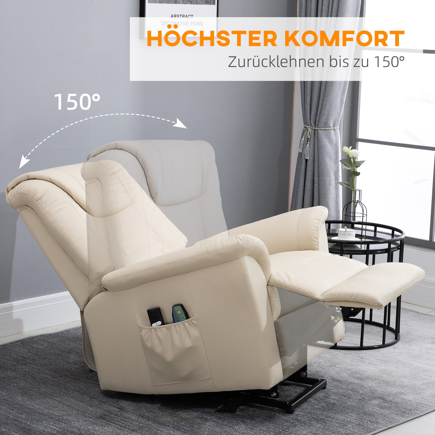 HOMCOM Massagestuhl mit Aufstehhilfe, 8 Vibrationspunkte, Heizfunktion, Fußstütze, Creme