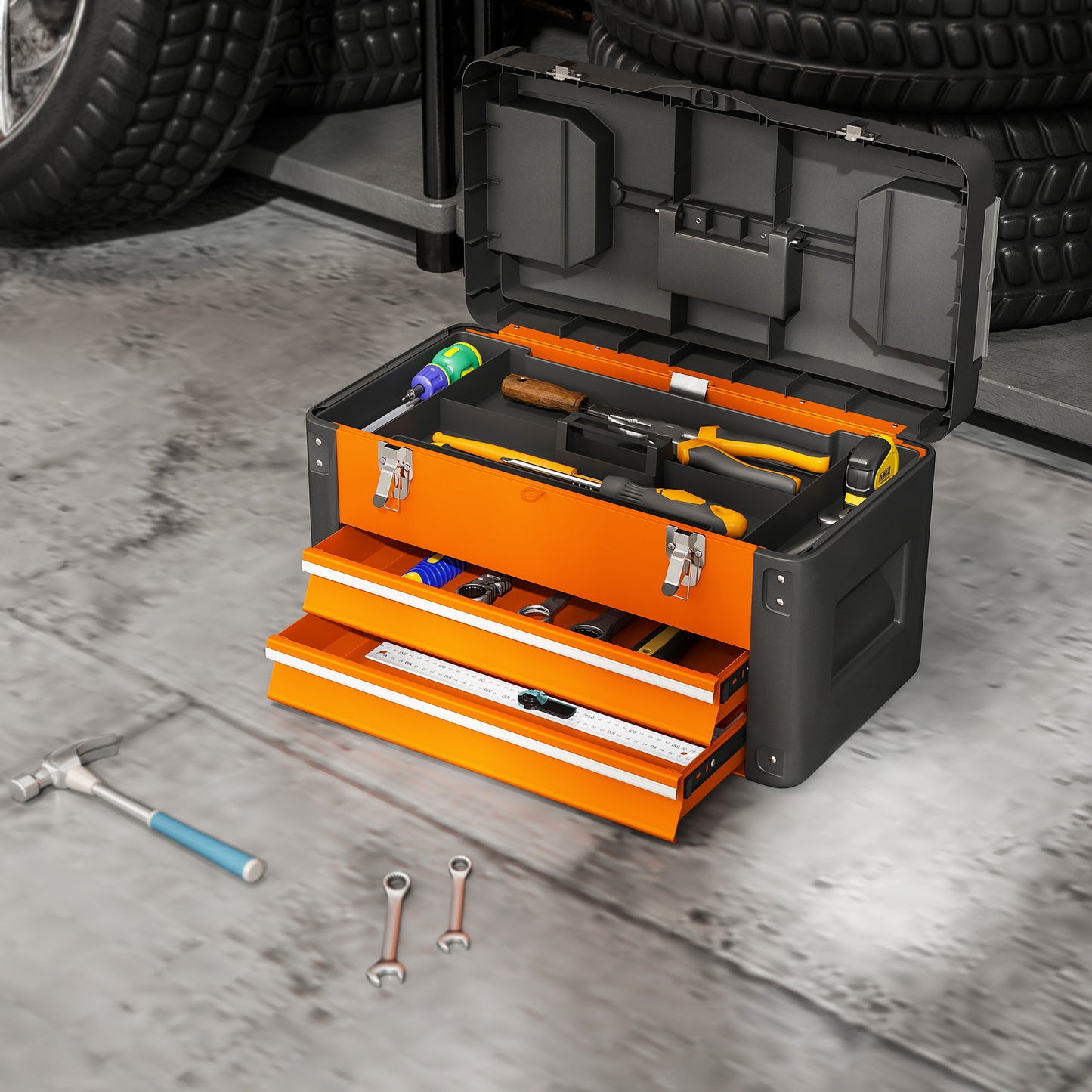 HOMCOM Werkzeugkiste leer, 49,7 x 25,3 x 28,9 cm Werkzeugkasten mit Schublade, Mini-Box Stahl Orange