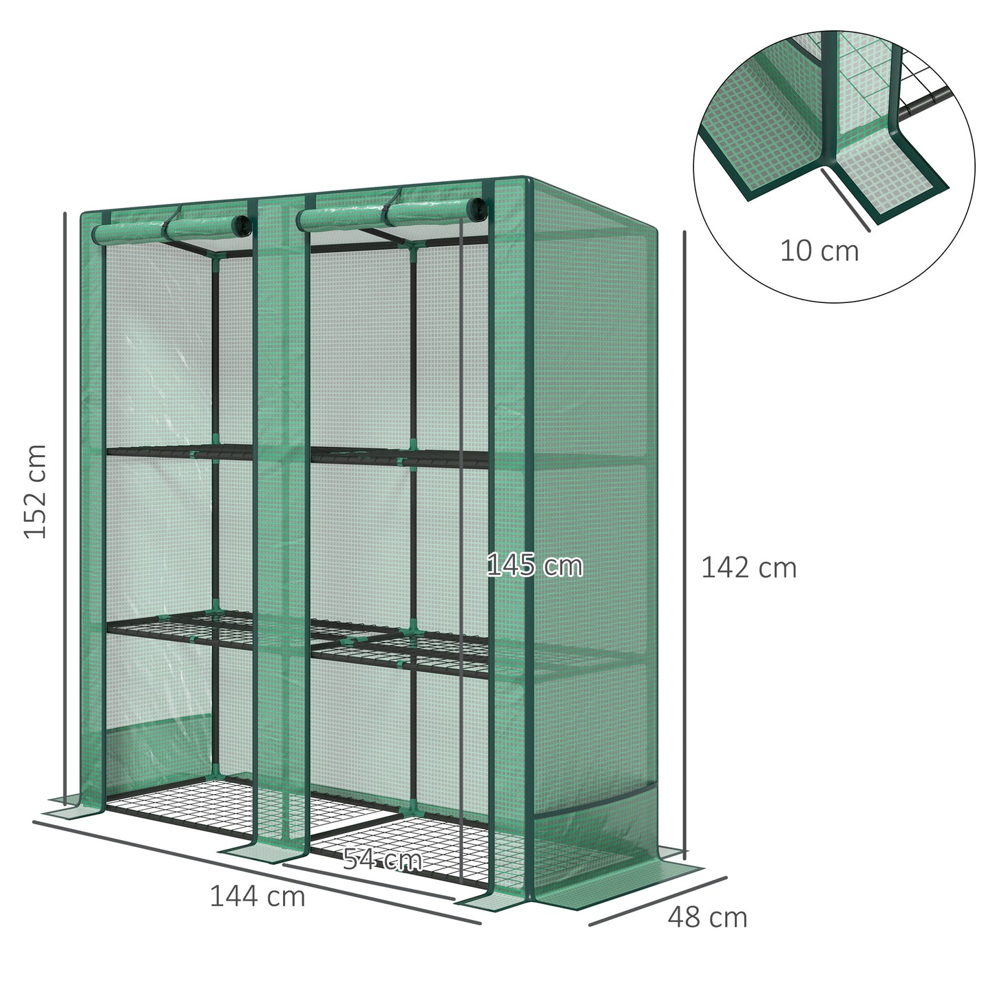 Outsunny Mini-Gewächshaus mit 3-Ebenen-Regal, Kunststoff-Abdeckung, UV-beständig, tragbar, Rolltür, 144 x 48 x 152 cm, Grün