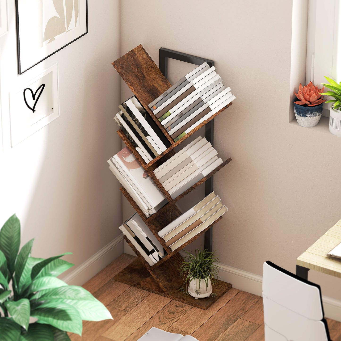 HOMCOM Bücherregal Standregal mit 7 Ebenen Schmal Regal im Baumform für Büro, Rustikal Braun