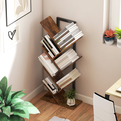 HOMCOM Bücherregal Standregal mit 7 Ebenen Schmal Regal im Baumform für Büro, Rustikal Braun
