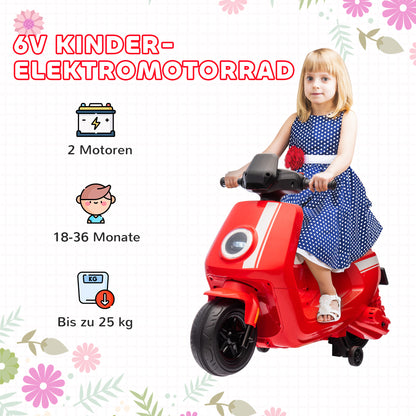 AIYAPLAY 6V Elektro-Motorrad für Kinder, mit Scheinwerfer und Musik, Vor- och Rückwärtsgang, Trainingsräder, 18-36 Monate, Rot