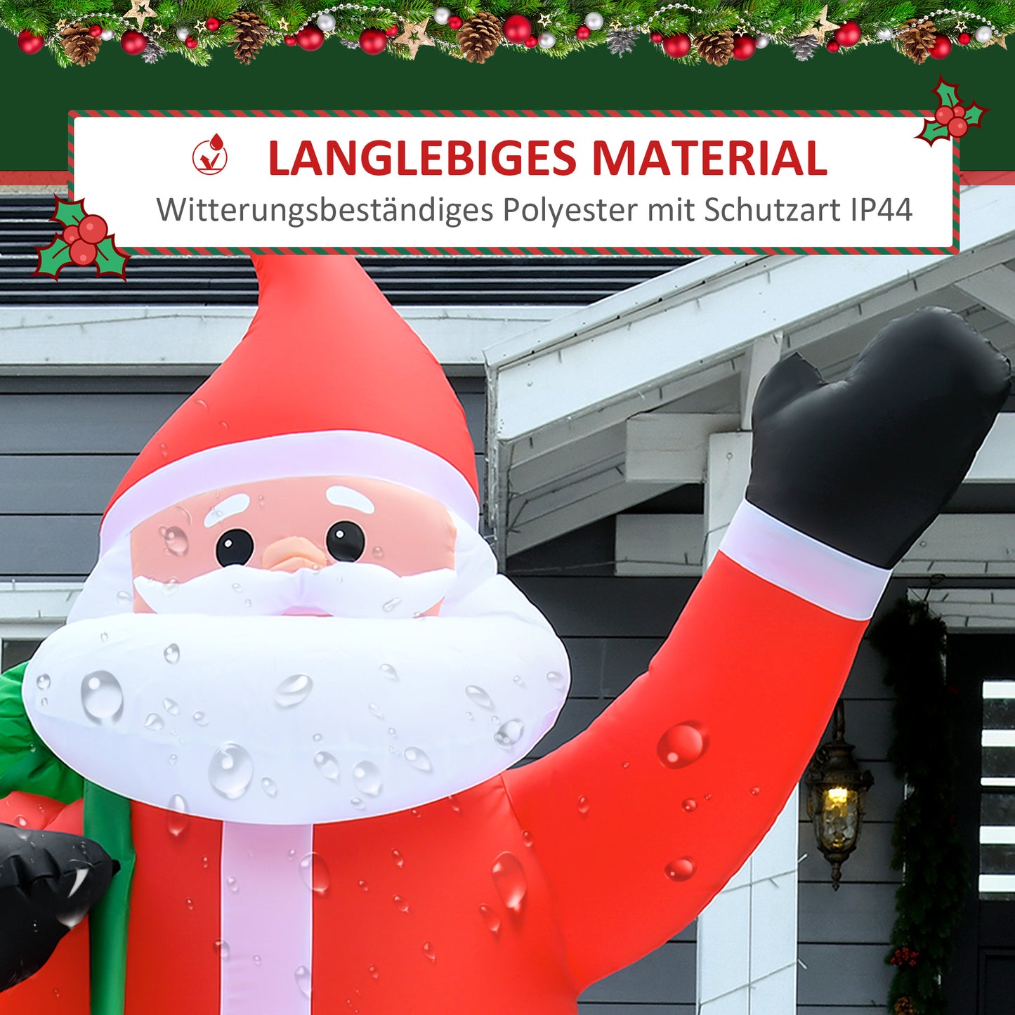 HOMCOM Weihnachtsmann, 2,40 m groß, mit LED-Beleuchtung, selbstaufblasende Gartendeko