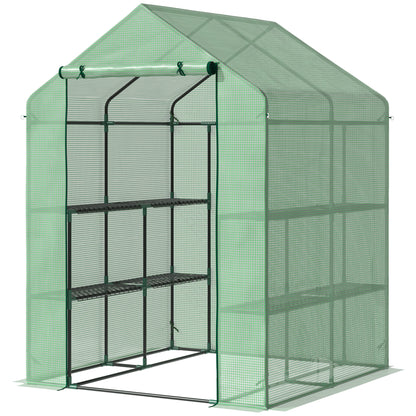 Outsunny Foliengewächshaus begehbares Gewächshaus mit 8 Regalebenen Tomatengewächshaus Treibhaus Frühbeet mit Tür Grün Stahl PE-Kunststoff 143 x 138 x 195 cm