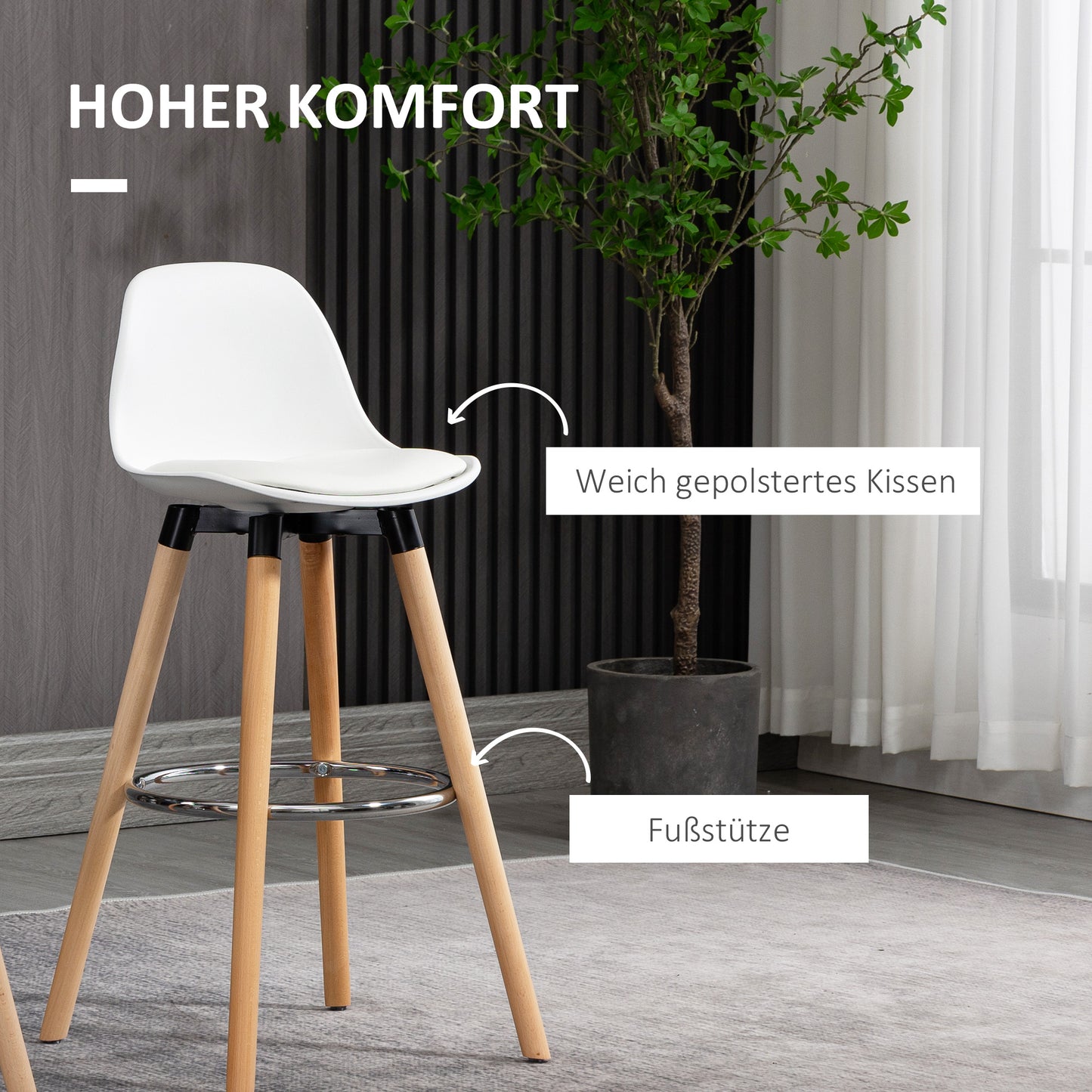 HOMCOM 2er-Set Barhocker Barstühle Skandi-Design، Fußtstütze، 38,5 سم × 42,5 سم × 91 سم، Natur + Weiß