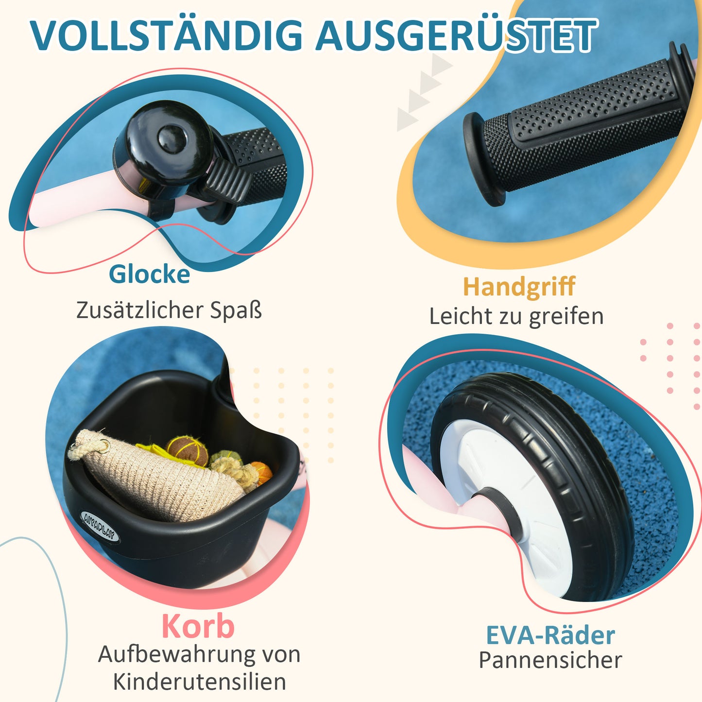 AIYAPLAY Dreirad für Kinder 2-5 Jahre, höhenverstellbarer Sitz, Klingel, Fahrradkorb, Metallrahmen, Rosa