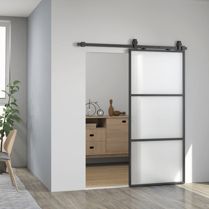 HOMCOM Schiebetür mit Milchglas, Schienensystem, Montagesatz, Soft-Close-Mechanismus, leichter Zusammenbau, Stahl, Schwarz