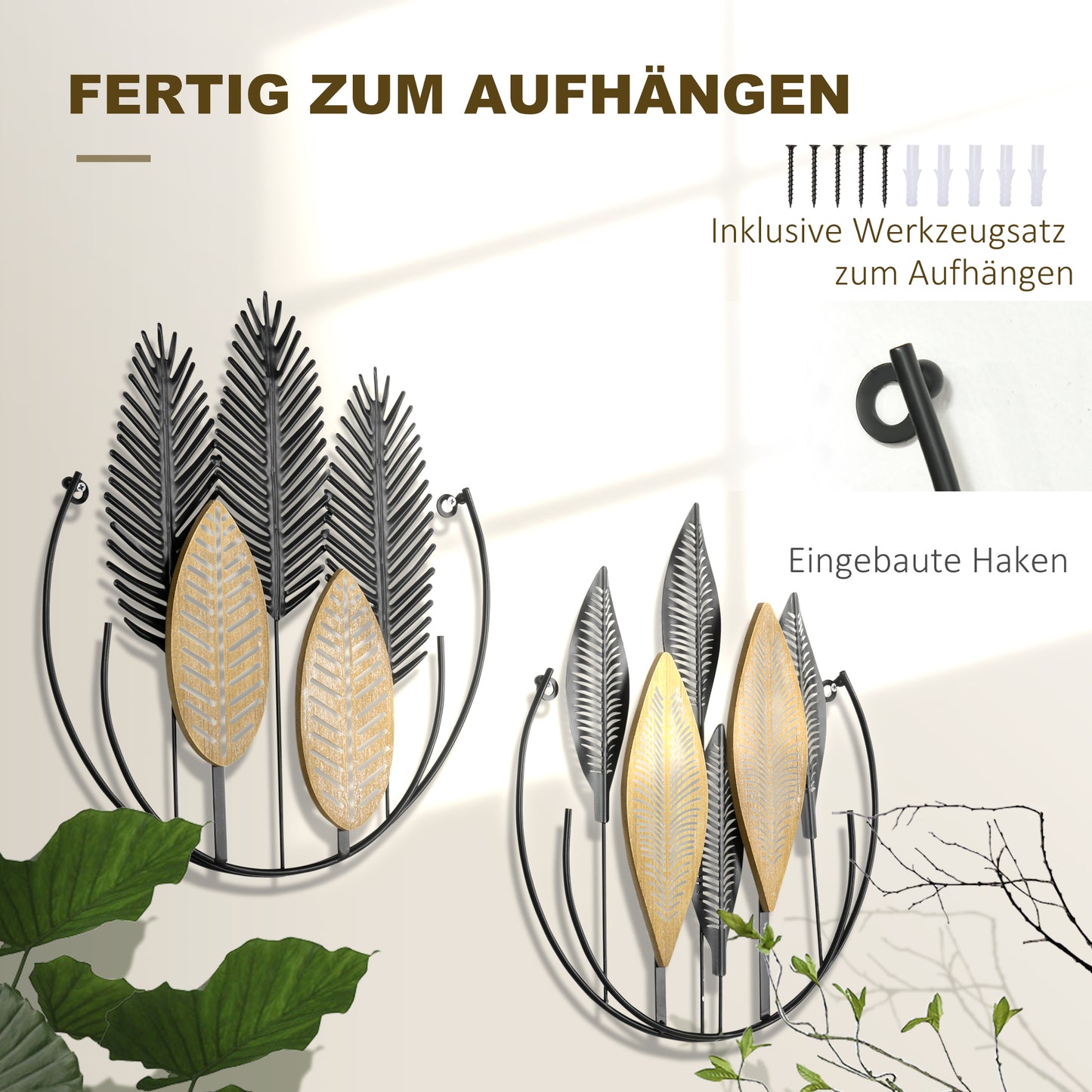 HOMCOM 3D -Wandbilder 2er-Set Moderne Wanddekoration Metall Natur + Schwarz