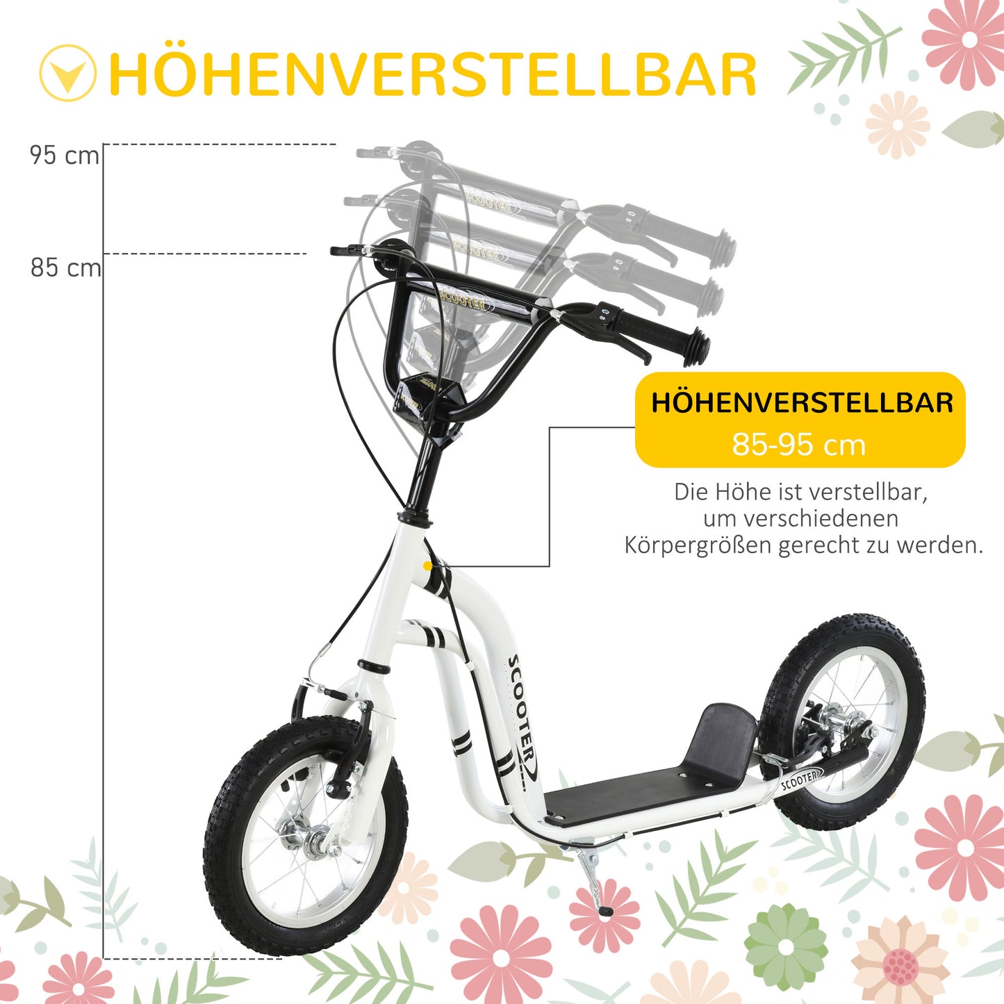 HOMCOM Kinderroller ab 5 Jahre Scooter Kinderscooter Tretroller Cityroller Kinder Roller Kickboard mit Luftreifen 12 Zoll Gummi Aluminium Weiß 120 x 58 x 85-95 cm