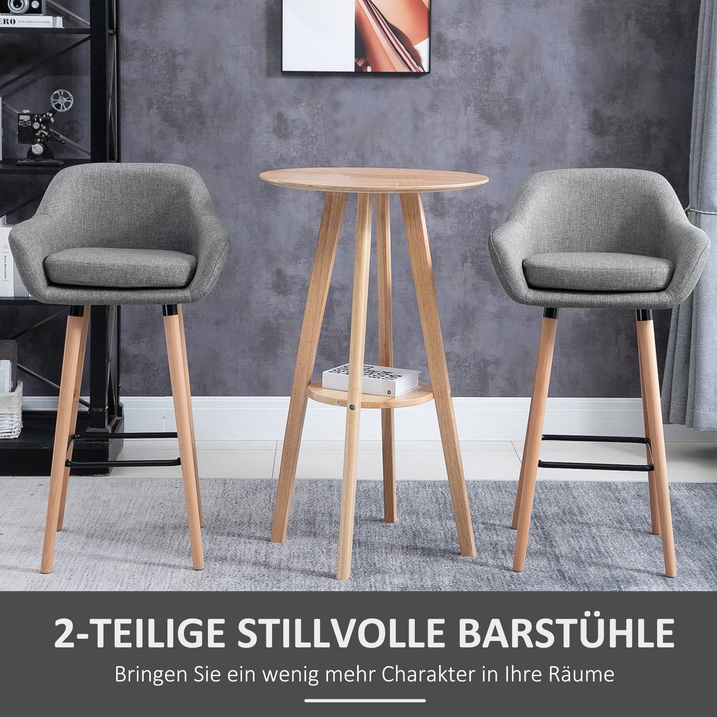 HOMCOM 2er-Set Barhocker, inkl. Fußstütze, Massivholz, 55 cm x 48c m x 100 cm, Grau