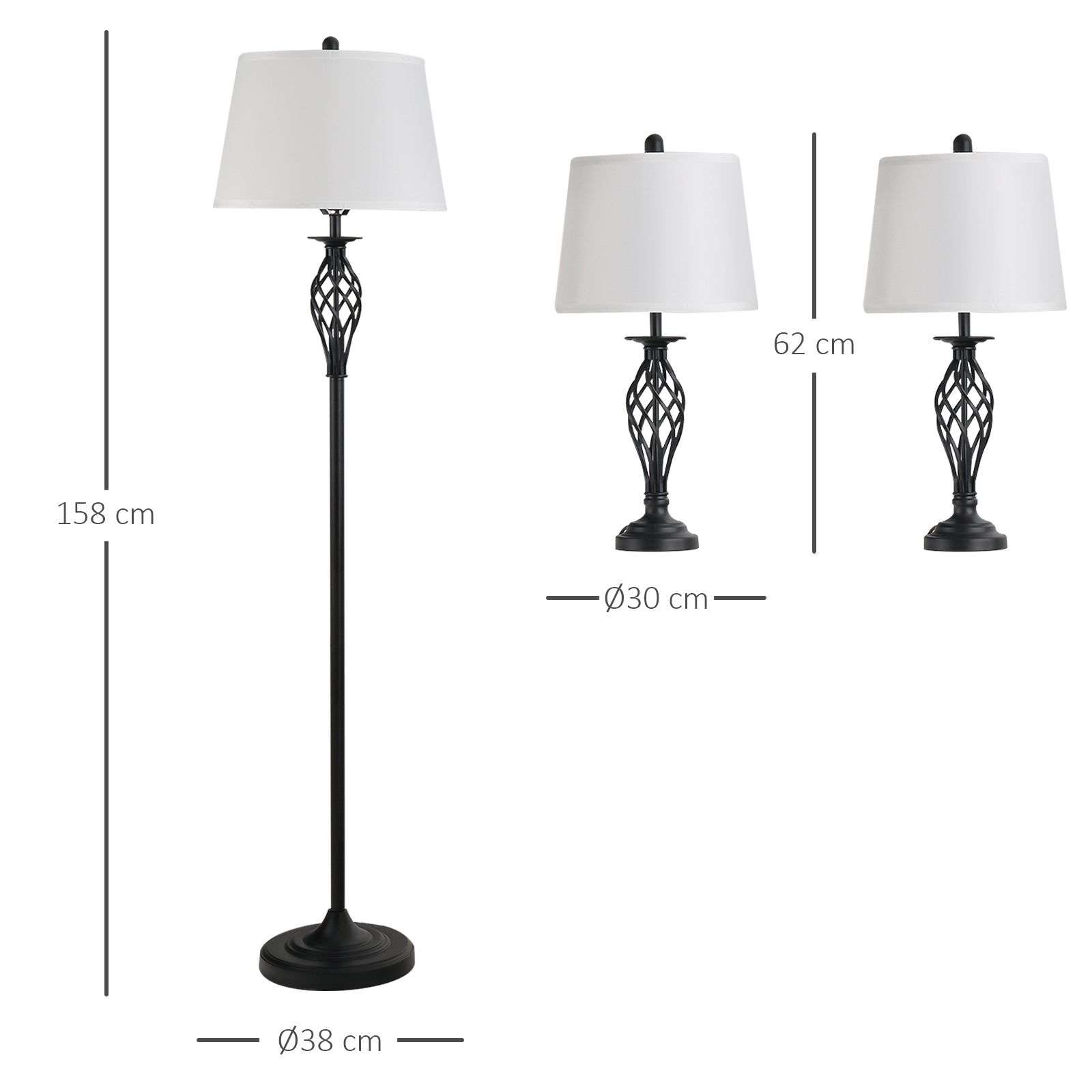 HOMCOM 3er-Lampenset 2 Tischlampe(ø38 x 158H cm) + 1 Stehlampe(ø30 x 62H cm) Vintage Standlampe mit Fußschalter Leselampe für Wohnzimmer, Schlafzimmer Metall, Schwarz+Weiß