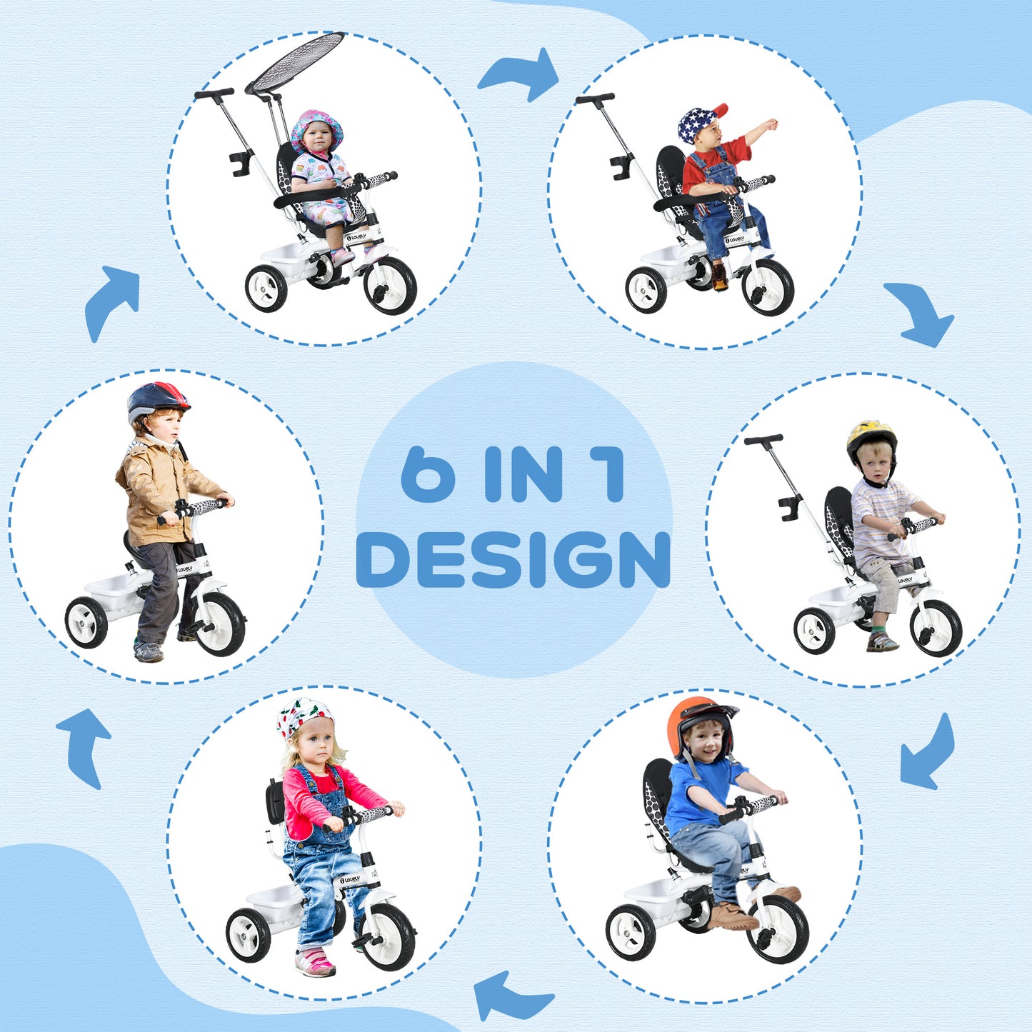 HOMCOM 6-in-1 Kinderdreirad mit Schiebestange, Dach, Gurt, Ablagekorb, für 1-5 Jahre, Weiß