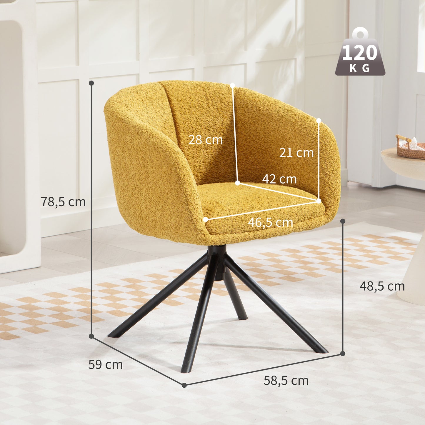 HOMCOM Sessel, Polsterstuhl mit bequemer Sitzschale, drehbar, kuscheliger Bezug, bis 120 kg, Gelb