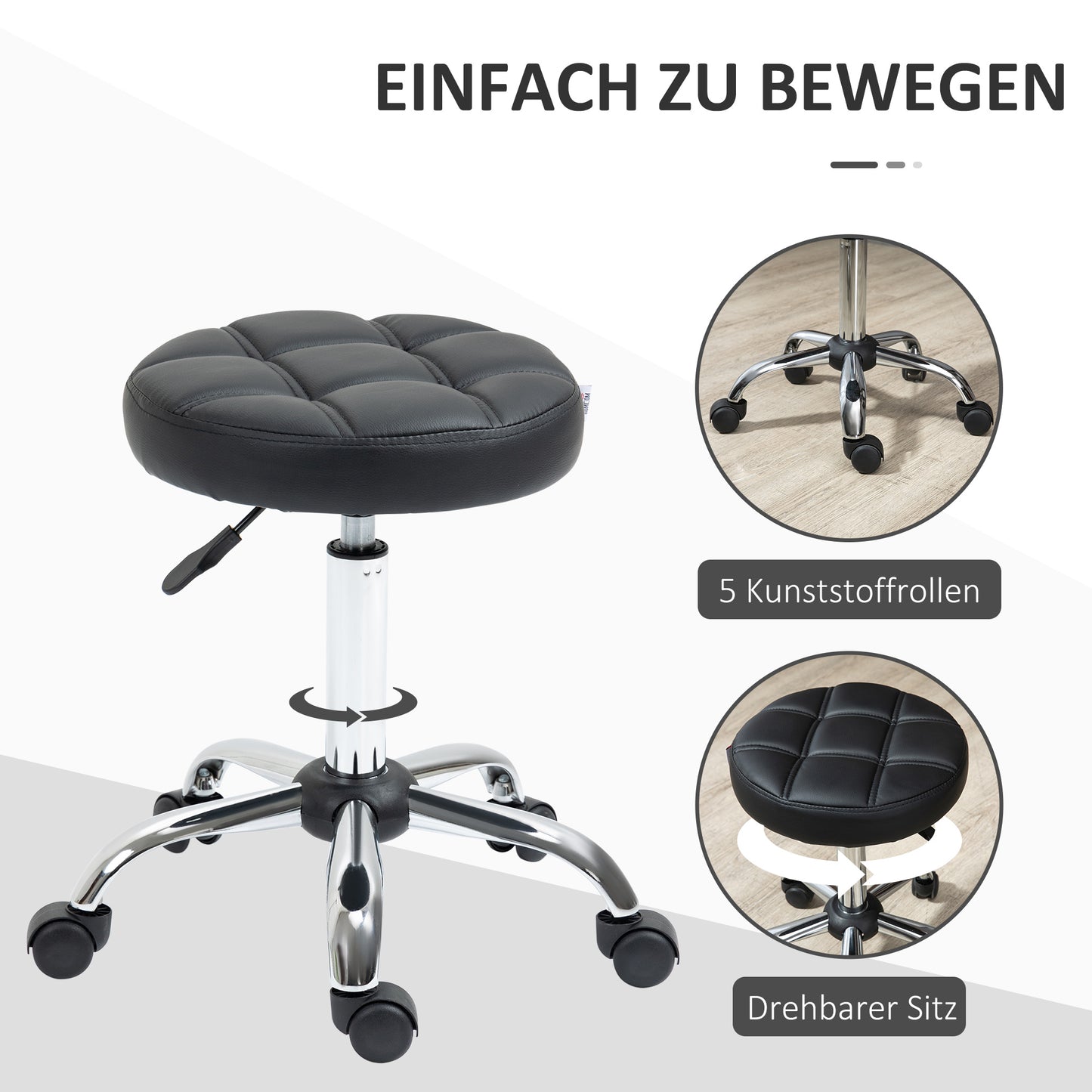 HOMCOM 2er-Set Rollhocker höhenverstellbar, Drehhocker 48-63 cm, Arbeitshocker 360° drehbar, Bürohocker für Büro, Salon, Massage, Spa, Schwarz