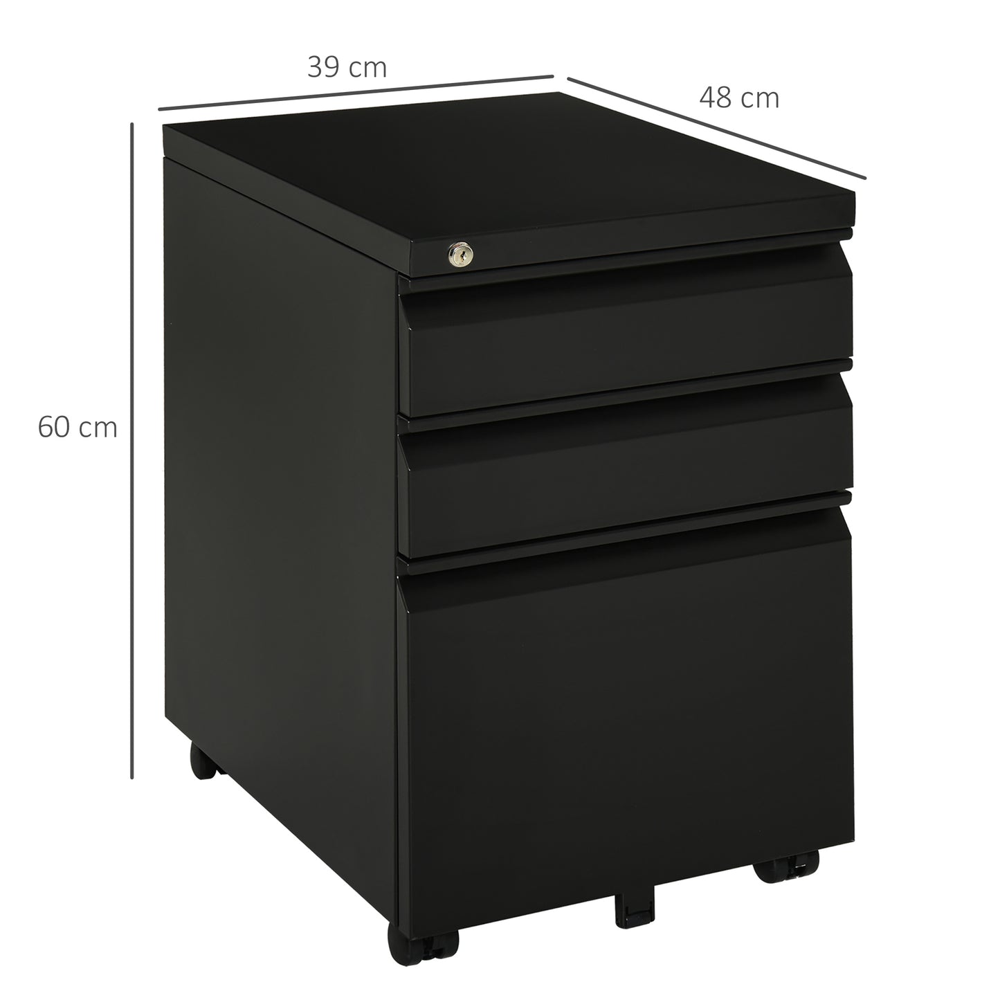 Vinsetto Rollcontainer, 3 Schubladen, 5 Räder, Hängeregister, abschließbar, Stahl, schwarz 39 x 48 x 60 cm