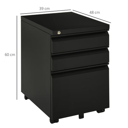 Vinsetto Rollcontainer, 3 Schubladen, 5 Räder, Hängeregister, abschließbar, Stahl, schwarz 39 x 48 x 60 cm