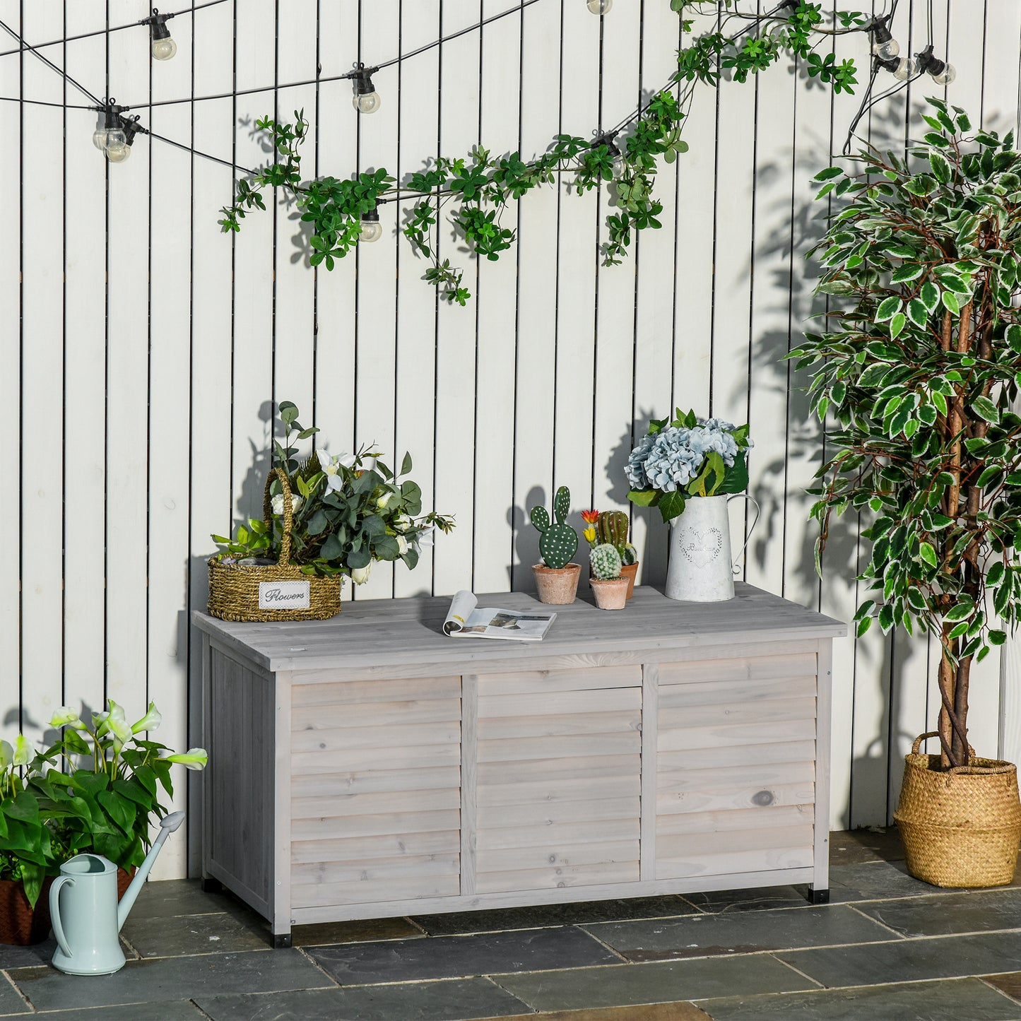 Outsunny Gartenbox, wetterbeständig, luftdurchlässig, Kissenbox, Aufbewahrungsbox, Fichtenholz, grau, 127 x 56 x 60 cm
