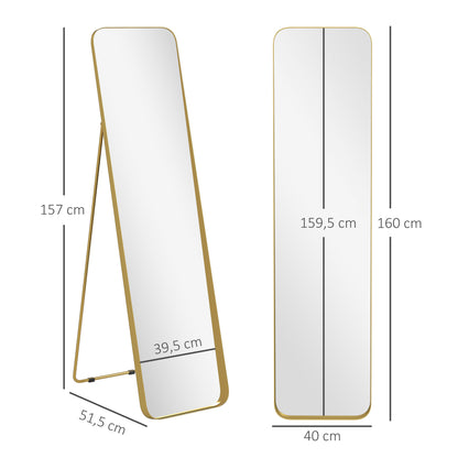 HOMCOM Ganzkörperspiegel, freistehend, neigbar, Metallrahmen, MDF, 160 x 40 cm, Goldfarben
