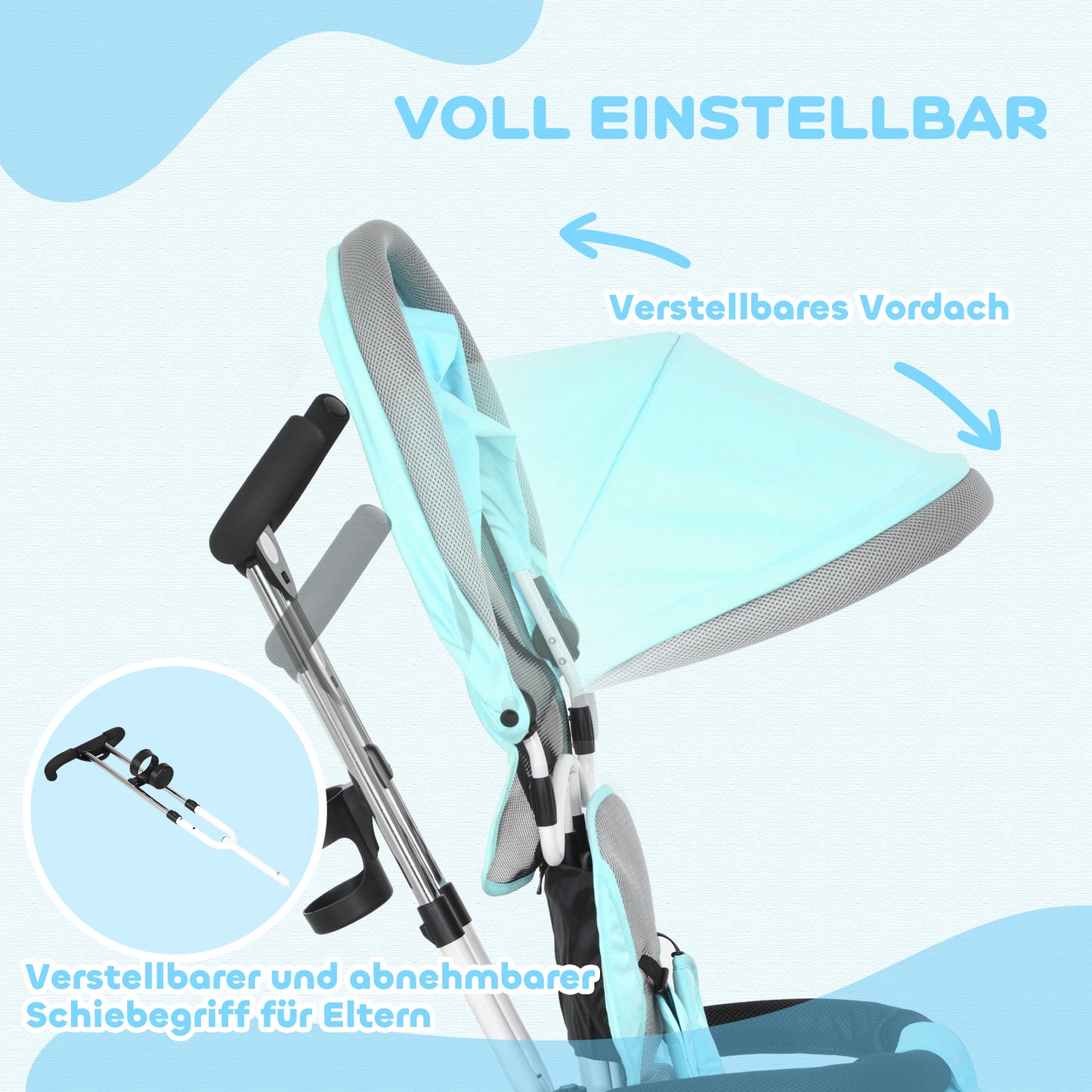 HOMCOM 6-in-1 Kinderdreirad mit Schiebestange, Dach, Gurt, Ablagekorb, für 1-5 Jahre, Grün