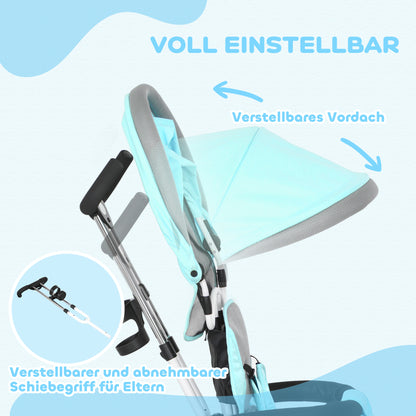 HOMCOM 6-in-1 Kinderdreirad mit Schiebestange, Dach, Gurt, Ablagekorb, für 1-5 Jahre, Grün