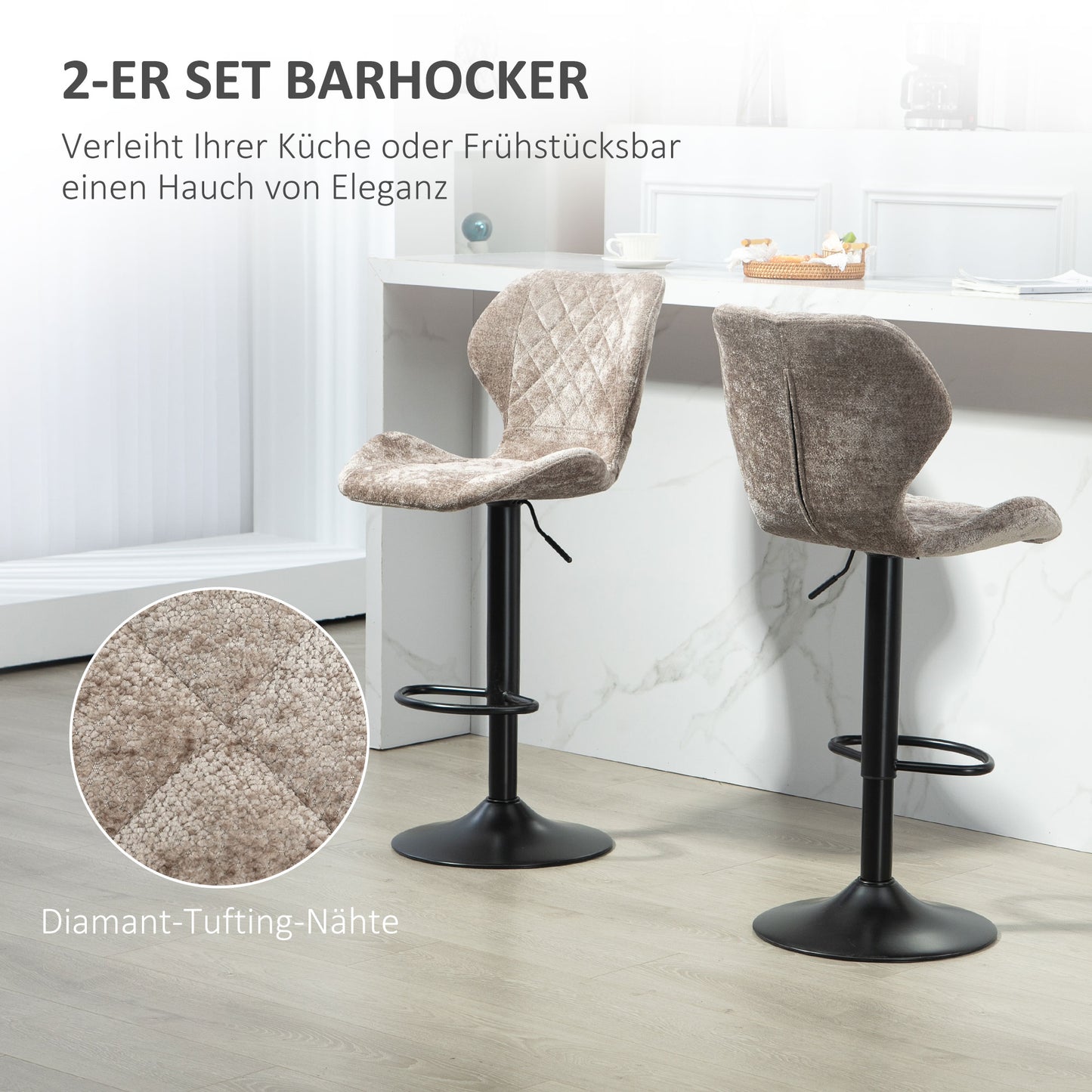 HOMCOM Barstühle im 2er-Set, Höhenverstellbare Küchenhocker mit Rückenlehne, Gaslift, Fußstütze, drehbar, Braun