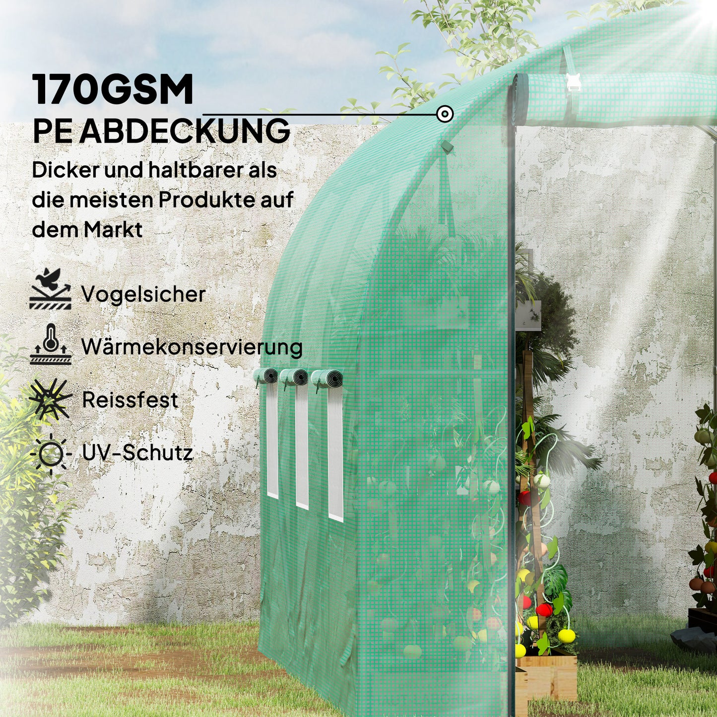 Outsunny Polytunnel Gewächshaus mit Kunststoff-Abdeckung und Stahlrahmen, begehbares Gewächshauszelt mit Rolltüren, Grün
