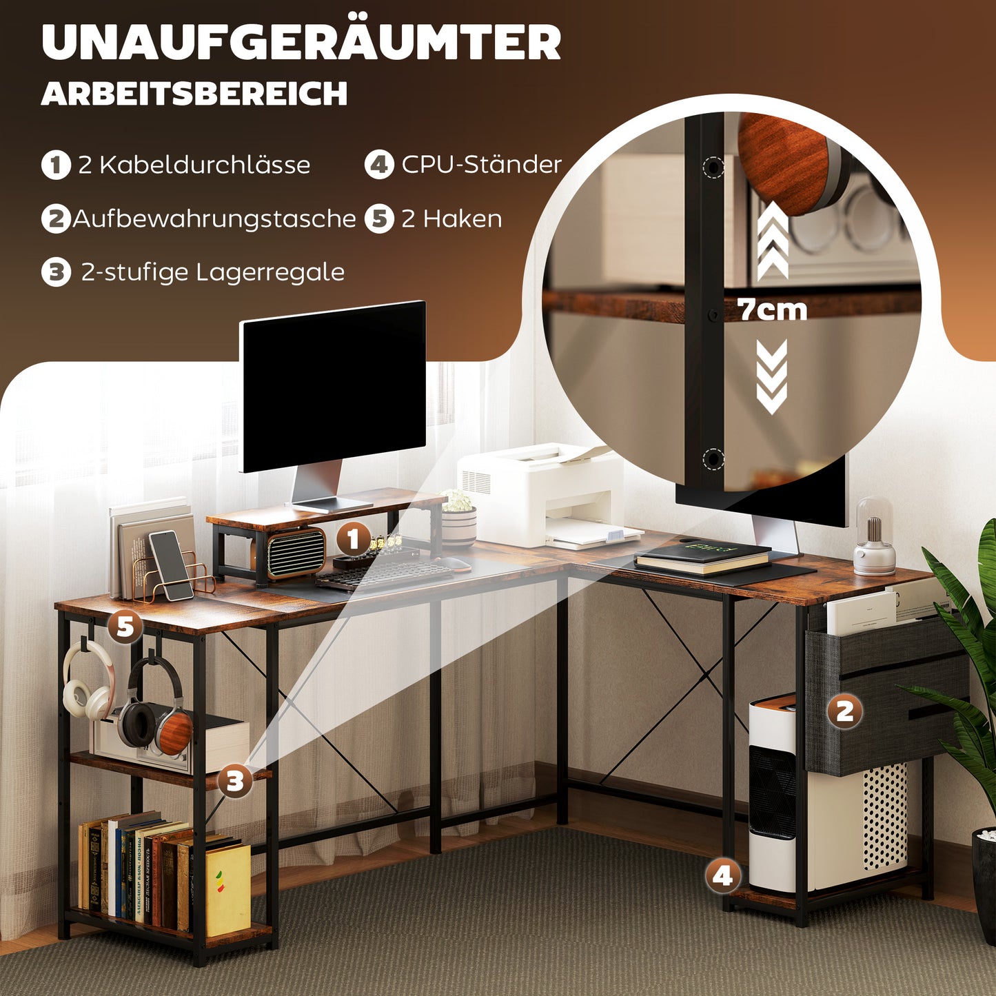 HOMCOM L-förmiger Schreibtisch, Vielseitiger Bürotisch mit einstellbaren Regalen und Aufbewahrungstasche, Monitorständer, Braun