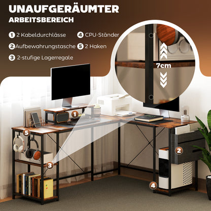 HOMCOM L-förmiger Schreibtisch, Vielseitiger Bürotisch mit einstellbaren Regalen und Aufbewahrungstasche, Monitorständer, Braun