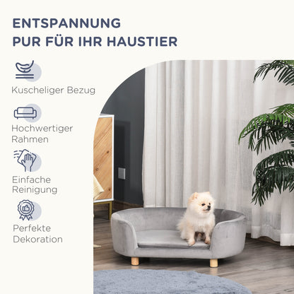 PawHut Haustiersofa Hundesofa Hundebett mit Holländischer Samt Schaumstoff Birke Bein für Katzen Hunde 86 x 55 x 33 cm Hellgrau